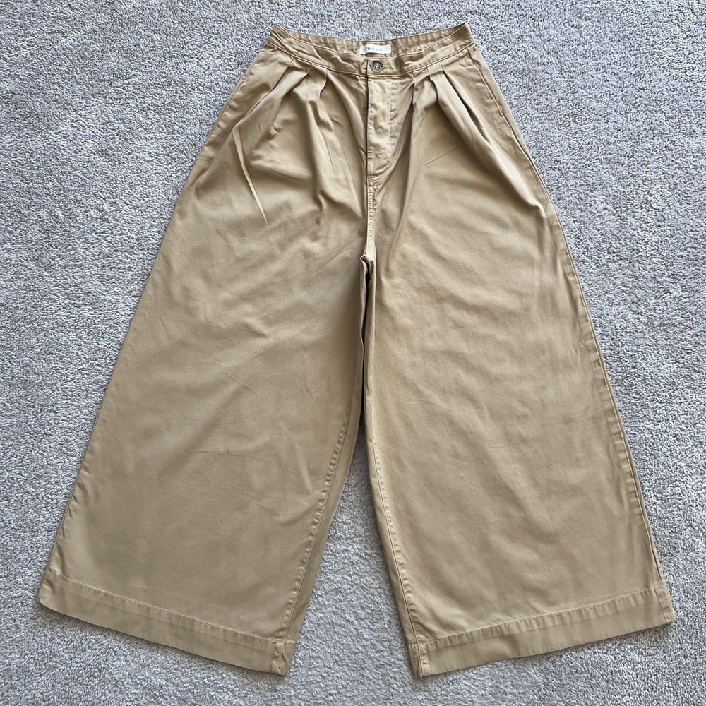 DÔEN Pleated Ultra Wide Leg Chino Pants Womens 6 Beige Cropped Twill High Rise
